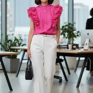 #A122   Nancy Barbiecore  Hot Pink  Organza  Ruffle Sleeve Top  NWT  Size M